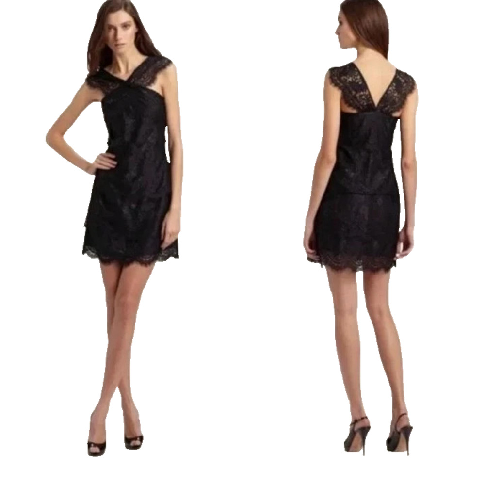 Leifsdottir Lace Cocktail Dress 4 Black Halter Criss Cross Mini LBD‎ Romantic